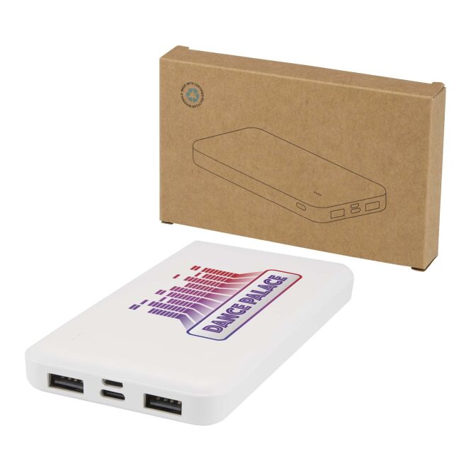 Firmengeschenk Powerbank Intan 10.000 mAh 10W – weiß – mit Logo bedruckt 48h Express-Druck nachhaltig für das Mitarbeiter-Onboarding