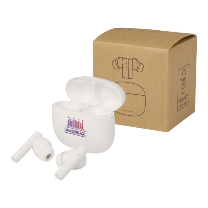 Mitarbeitergeschenk Alterf TWS Bluetooth Headset mit Express-Logodruck – Weiß – kabellose Kopfhörer für Business und Büro