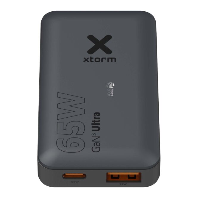Firmengeschenk Xtorm 65W Schnellladegerät mit Express-Gravur – Schwarz – kompaktes USB-C Netzteil für Geschäftsreisen