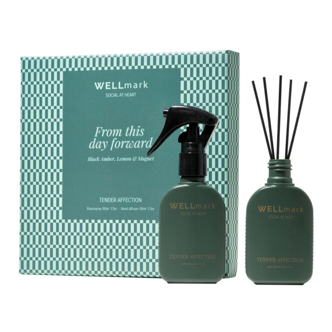 Mitarbeitergeschenk Raumspray Wellmark Tender Affection – green flash – mit Logo bedruckt 50 ml Set Duft-Diffusor Business-Präsent