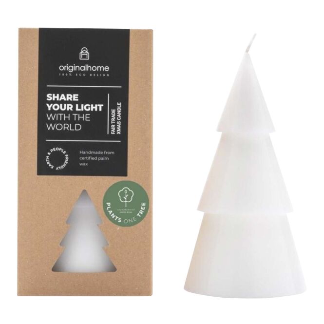 Mitarbeitergeschenk Weihnachtsbaum Kerze Originalhome L – weiß – mit Lasergravur 100% Palmkernwachs festliche Deko für Büroräume