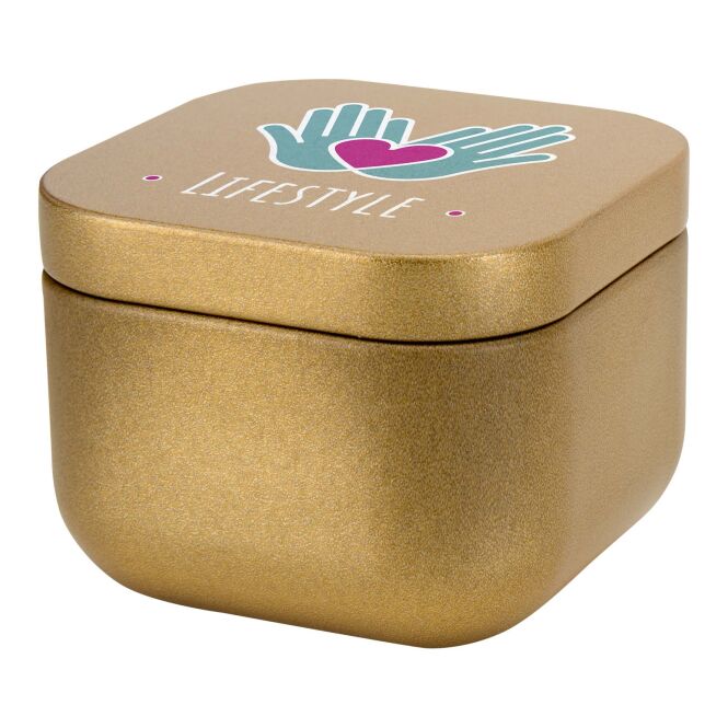 Mitarbeitergeschenk Zinnkerze Tindra – gold – mit 48h Express-Druck 50g Vanille Duftkerze als edles Firmenpräsent
