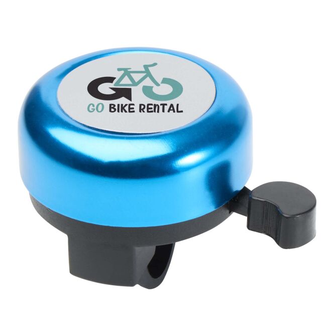 Werbeartikel Fahrradglocke Bellix – transparent blau – mit Logo bedruckt robuste Aluminium-Kunststoff-Kombi für Outdoor-Promotions