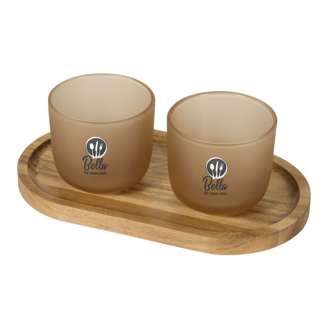 Firmengeschenk Male Set aus Holztablett und Glastassen mit Express-Gravur – Oatmeal – edle Serviergarnitur für Geschäftspartner und Büro