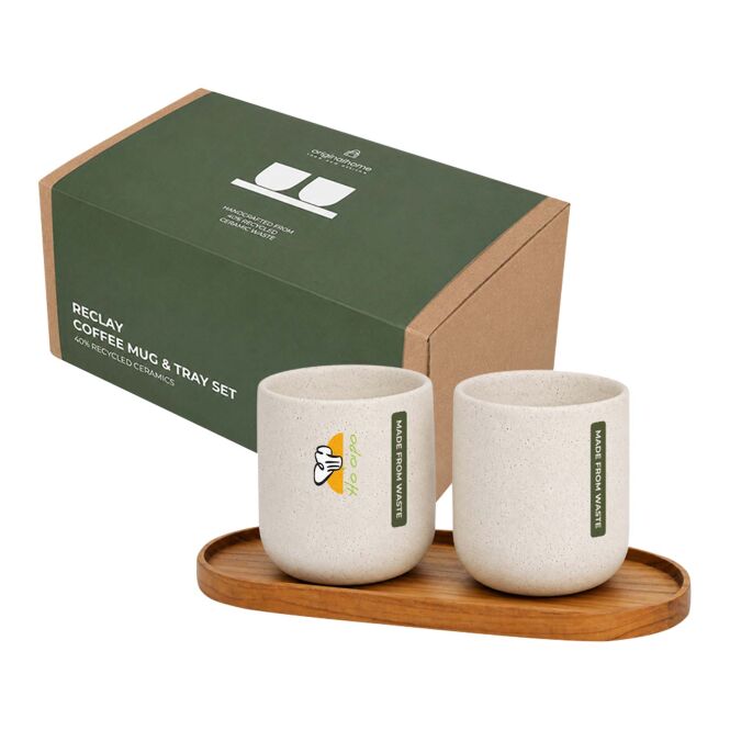 Firmengeschenk Set mit Express-Logodruck 150ml Tassen & Holztablett – Holz – nachhaltiges Bar-Geschirr für Büro und gehobene Gastronomie