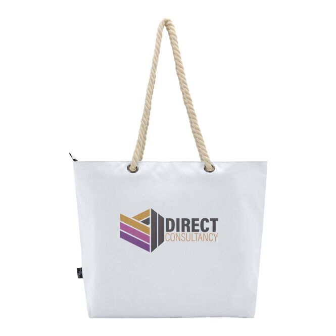 Werbeartikel Panama Kühltasche aus recyceltem GRS-Material mit Express-Logodruck – Weiss – praktische Strandtasche für Unternehmen