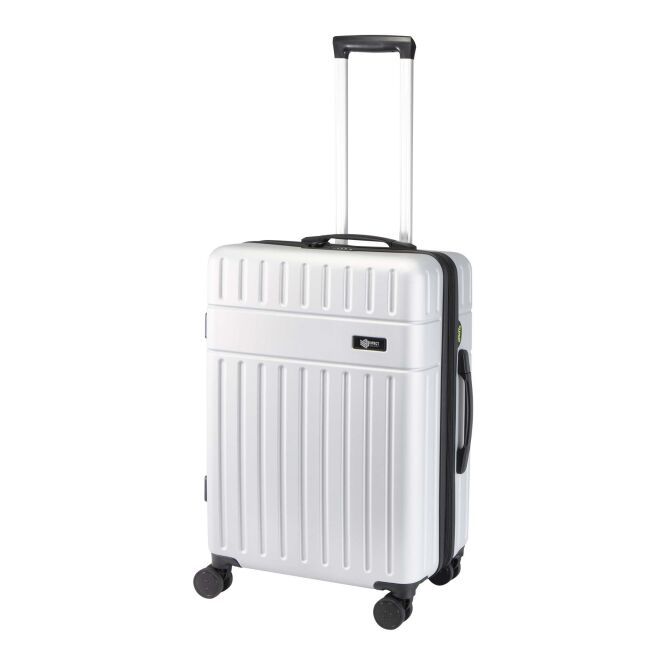 Firmengeschenk Reisegepäck Rover – silber – mit 48h Express-Gravur 70 L nachhaltiger Trolley für Geschäftsreisen