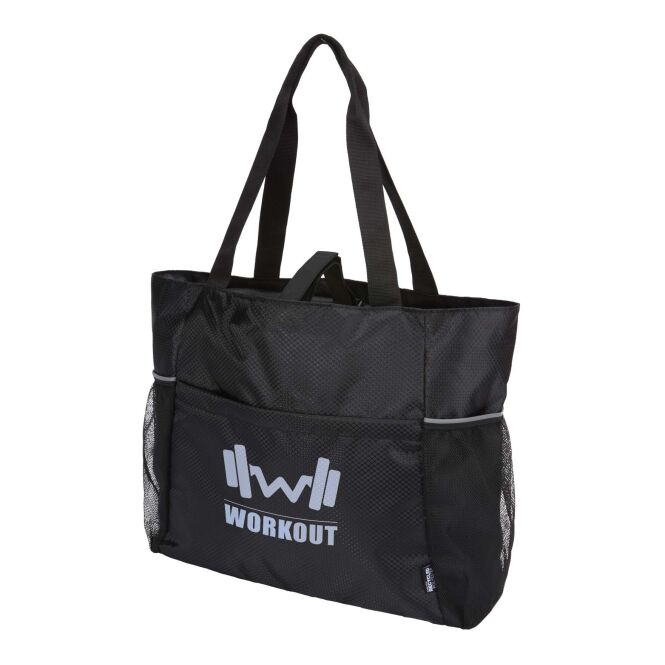 Werbeartikel Nomad Yoga-Tragetasche mit Express-Logodruck – 18 l recycelt – Schwarz – geräumige Sporttasche mit Yogamatten-Halterung für Firmen