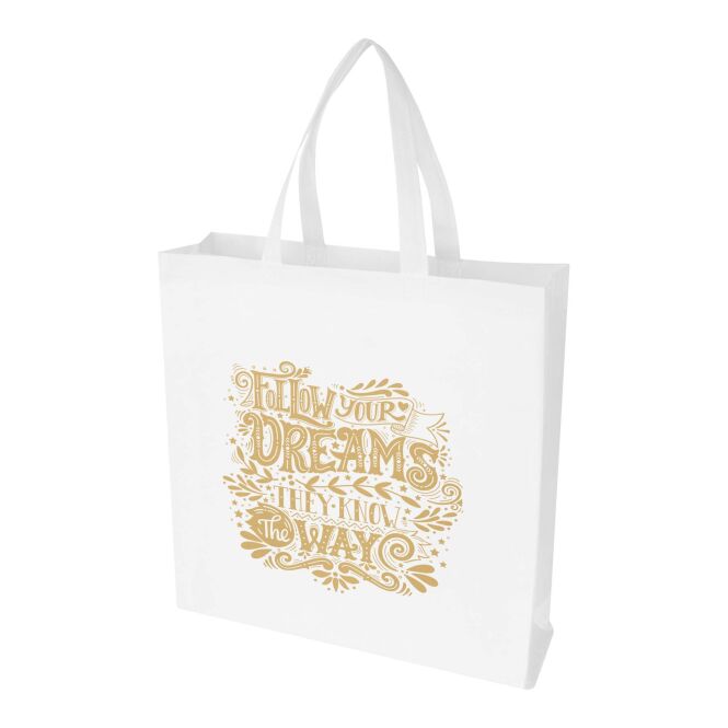 Messe-Werbemittel Non-Woven Tasche EcoSeal – weiß – mit individuellem Logodruck in 48h Express-Druck 12L 30cm Griffe leichte Stofftasche