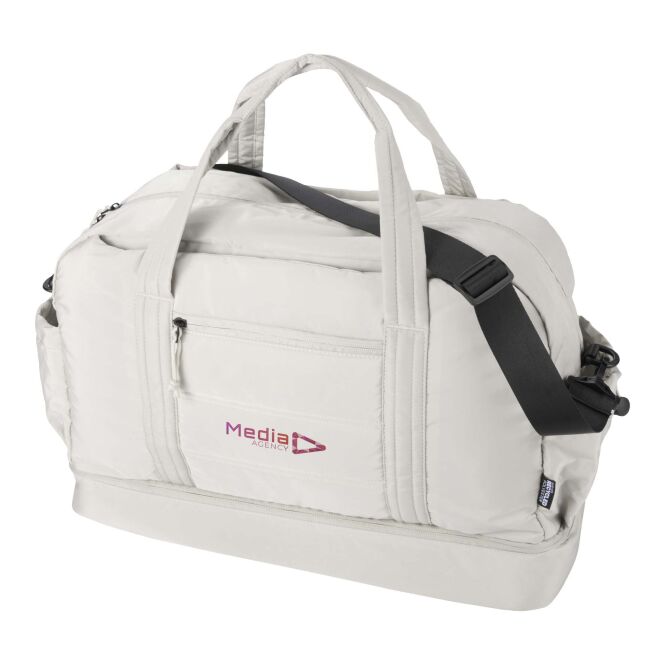Werbeartikel Puffer Reisetasche 30L mit Express-Logodruck – Sandstone – nachhaltiges Reisegepäck für Mitarbeiter und Firmen