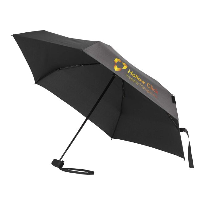 Werbeartikel Jill 19 Zoll Regenschirm mit Express-Logodruck – Schwarz – kompakter Regenschutz aus RPET für Mitarbeiter und Kunden