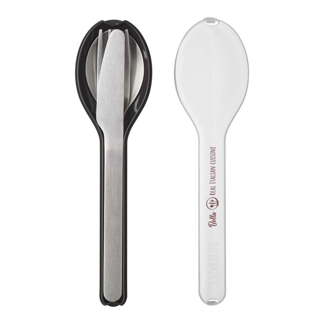 Firmengeschenk Besteckset Mepal Ellipse – schwarz – mit 48h Express-Druck aus Edelstahl, spülmaschinenfestes Essbesteck