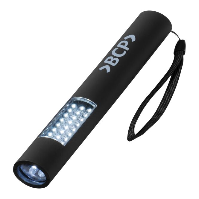 Werbeartikel Magnet Taschenlampe mit 28 LEDs mit Express-Gravur – Schwarz – praktische LED Arbeitsleuchte für Handwerk und Technik