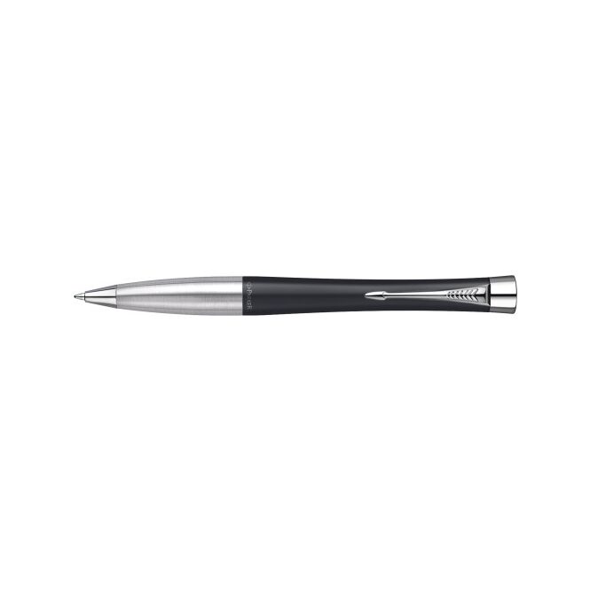 Firmengeschenk Parker Urban – schwarz – mit Gravur Druckkugelschreiber blau schreibend für den Büroalltag