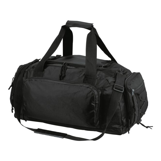 Mitarbeitergeschenk Sport-/Reisetasche mit Logodruck – Schwarz – geräumige Business-Sporttasche mit Fächern für Firmen und Vereine
