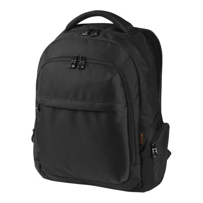 Werbeartikel Notebook-Rucksack MISSION mit Logodruck – Schwarz – gepolsterter Laptoprucksack für Mitarbeiter und Messen