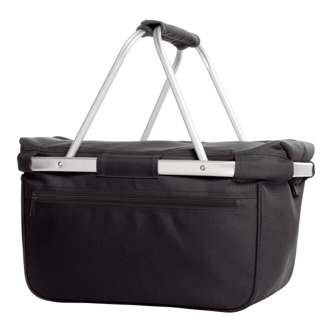 Kundengeschenk Kühlshopper Basket aus rPET mit Logodruck – Schwarz – faltbarer Einkaufskorb für Messen und Firmenevents