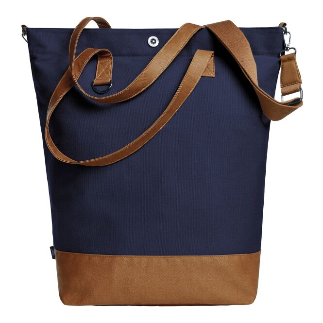Kundengeschenk Shopper Life aus Canvas mit Logodruck – Marineblau-braun – moderne Tragetasche für Unternehmen