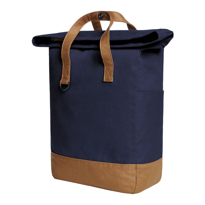 Mitarbeitergeschenk Notebook-Rucksack Life mit Logodruck – Marineblau-braun – moderner Überschlag-Rucksack für Firmen und Business