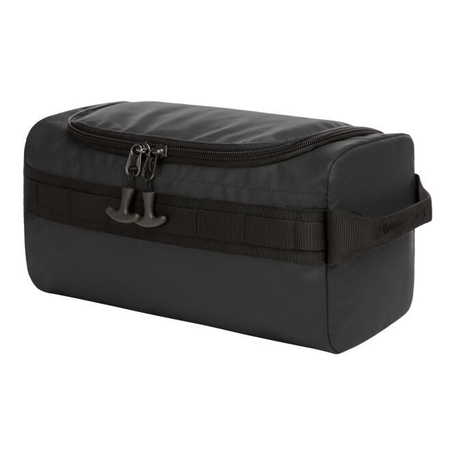 Werbeartikel Kulturtasche Active aus rPET mit Logodruck – Schwarz – gepolsterte Kulturbeutel für Business Reisen und Firmen