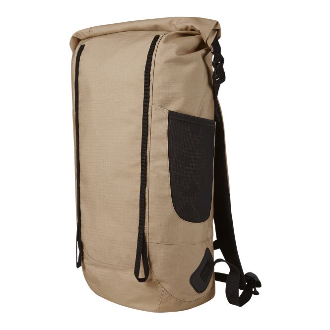 Mitarbeitergeschenk Rucksack EXPLORE mit Logodruck – Beige – wasserdichter Rolltop-Rucksack für Outdoor-Events und Firmenausflüge