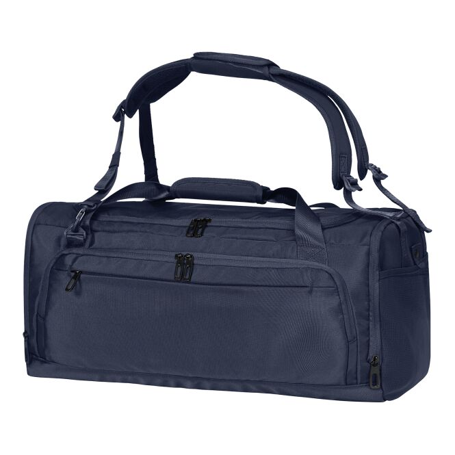 Mitarbeitergeschenk Sport-/Reisetasche SOLID mit Logodruck – recycelt – Marineblau – robuste Sporttasche mit Rucksackfunktion für Firmen