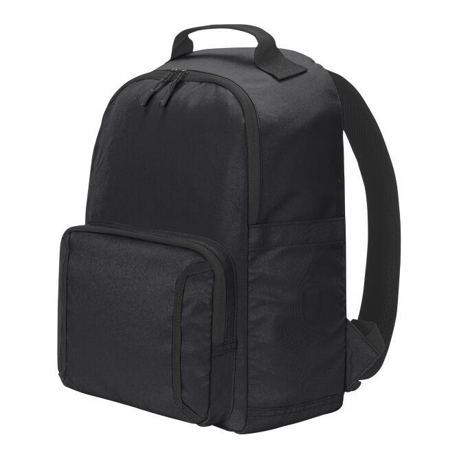 Mitarbeitergeschenk Daypack LOOP mit Logodruck – recycelt – Schwarz – moderner Retro-Rucksack für Unternehmen und Messe