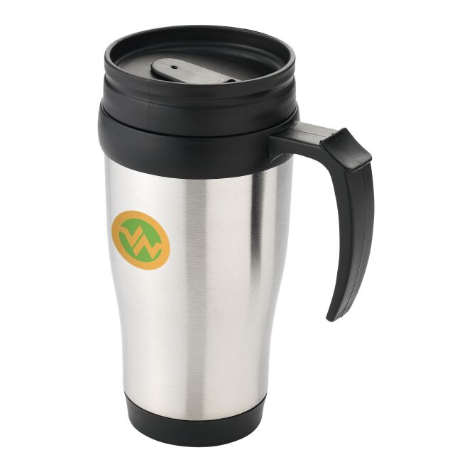 Kundengeschenk Sanibel Isolierbecher mit Express-Druck – 330 ml doppelwandig – Silber-schwarz – hochwertiger Thermobecher für Büro und Reisen