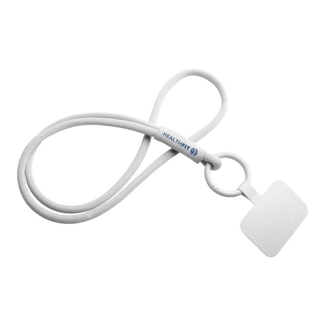 Werbeartikel Schlüsselband Tubyard – weiß – mit Logo bedruckt, mit Sicherheitsverschluss und Telefonhalterung als Lanyard für Events