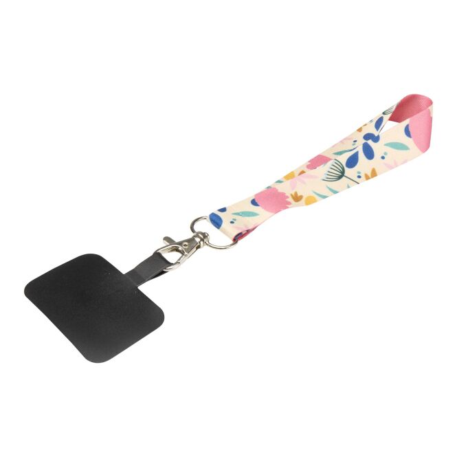 Messe-Giveaway Gaby Mini Lanyard aus RPET mit Express-Sublimationsdruck – Schwarz-Weiss – praktisches Schlüsselband mit Telefonhalterung