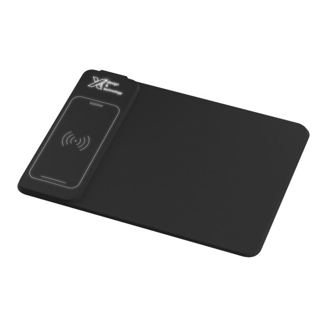 Premium-Werbegeschenk SCX.design O25 10 W Induktions-Mauspad mit Leuchtlogo – Schwarz-Weiss – kabellose Ladestation für Messen und Büro