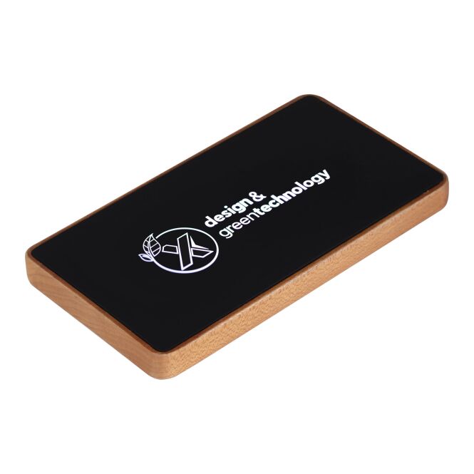 Firmengeschenk SCX.design P35 5000 mAh Powerbank mit Leuchtlogo – Holz-schwarz – mobiler Akku für Geschäftsreisen und Büro