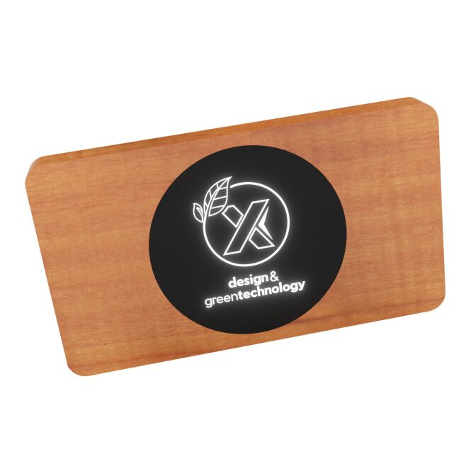 Firmengeschenk kabellose 5000 mAh Powerbank mit Leuchtlogo – Holz – praktischer Zusatzakku für das Büro