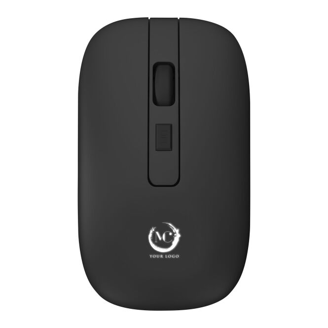 Firmengeschenk O22 Maus mit leuchtendem Logo – antibakteriell 10,8x6,2x3cm – Schwarz – kabellose PC-Hardware für Büro & Konferenz