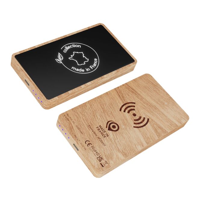 Firmengeschenk SCX.design P34 Powerbank mit Logogravur – 5000 mAh Kapazität – Hellbraun – Induktives Ladegerät für Geschäftskunden