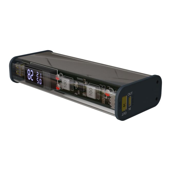 Firmengeschenk SCX.design P51 Powerbank mit Express-Gravur – Transparent klar – 20.000 mAh Ladegerät für Laptop und mobile Endgeräte