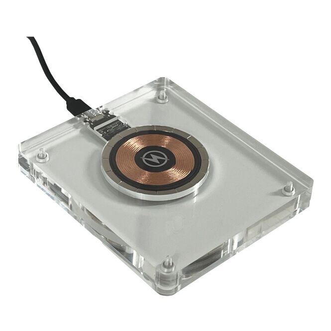 Kundengeschenk SCX.design W29 Ladestation 15W mit leuchtendem Logo – Transparent klar – schnelle kabellose Ladetechnik für Büro