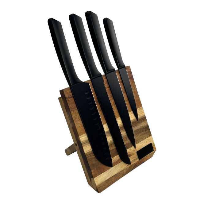Firmengeschenk K04 Küchenmesser-Set mit Express-Gravur – Holz – magnetisches Schneidebrett für Business-Events