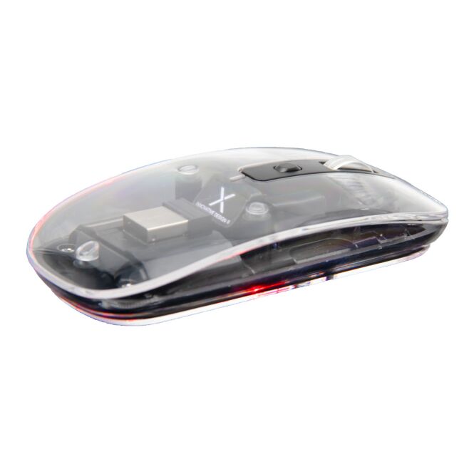 Premium-Werbegeschenk SCX.design O24 Wireless Multimode Maus mit leuchtendem Logo – Transparent klar – wiederaufladbare PC-Maus für das Büro