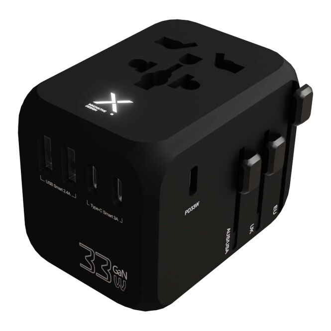 Firmengeschenk SCX.design T16 Reiseadapter mit leuchtendem Logo – Schwarz – leistungsstarkes Netzteil für Geschäftsreisen weltweit