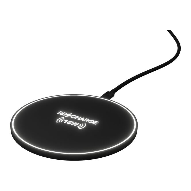Firmengeschenk Wireless Charger SCX.design W21 – schwarz – lasergraviert 15W 10x7,2cm mit Leuchtlogo für das Mitarbeiter-Onboarding