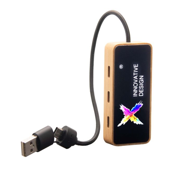Firmengeschenk SCX.design H21 USB-Hub mit Logodruck – nachhaltig aus Bambus – Holz – effiziente Datenübertragung für Büro und Konferenzen