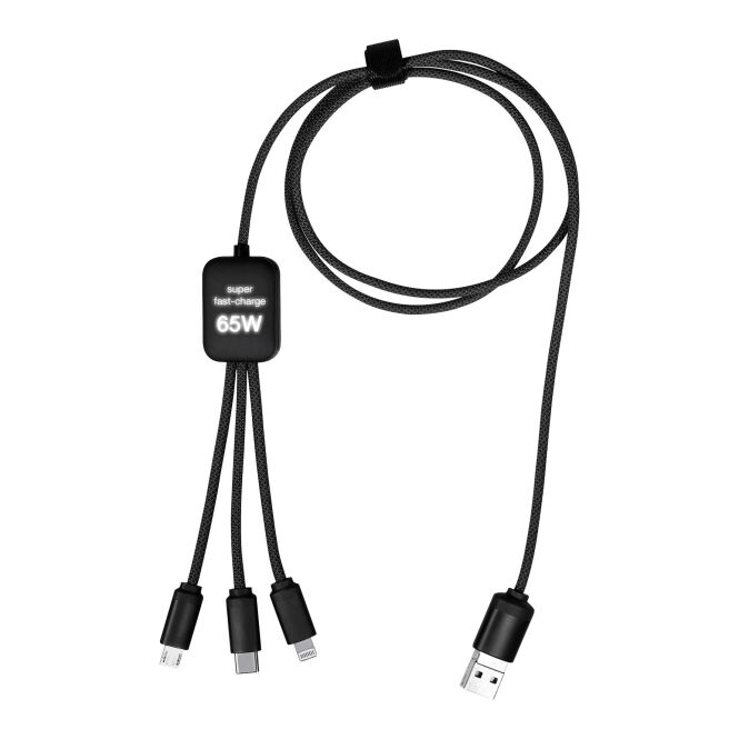 Firmengeschenk SCX.design C35 5 in 1 Ladekabel mit leuchtendem Logo – Schwarz – nachhaltiges Ladezubehör aus rPET für Büro und Technik
