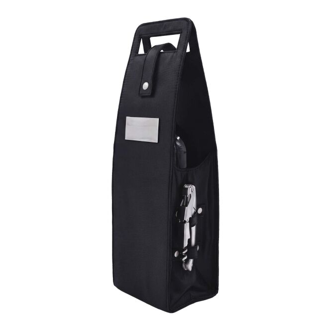 Mitarbeitergeschenk Weinflaschenhülle SCX.design K09 – schwarz – mit 48h Express-Logodruck aus Polyester als praktischer Weinkühler für Kunden