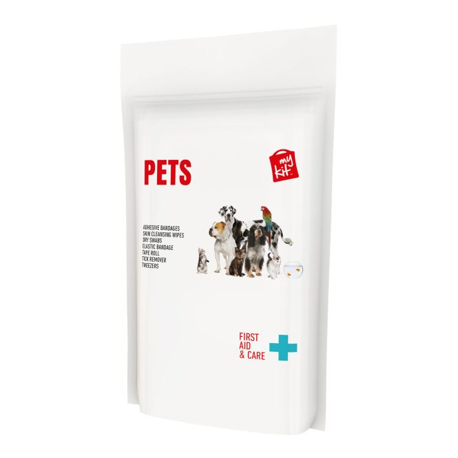 Kundengeschenk MyKit Tiere Erste-Hilfe-Set – weiß – mit vollfarbigem Druck. Beinhaltet 12 Pflaster, 4 Tupfer, 1 Zeckenentferner für Haustiere