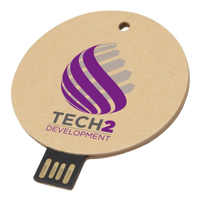 Werbeartikel USB-Stick 2.0 rund mit Express-Logodruck – Kraftpapier – nachhaltiger Datenträger für Büro und Kunden