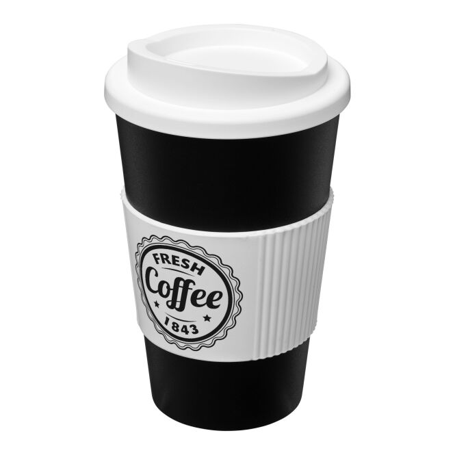 Werbeartikel Americano 350 ml Isolierbecher mit Logodruck – Schwarz-weiss – doppelwandiger Thermobecher für Büro und Konferenzen