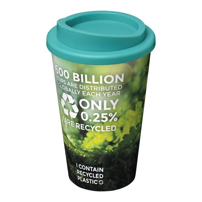 Firmengeschenk Trinkbecher Brite-Americano® – aquablau – mit individuellem Werbedruck 350ml 100% recycelter Kunststoff nachhaltige Mehrwegflasche