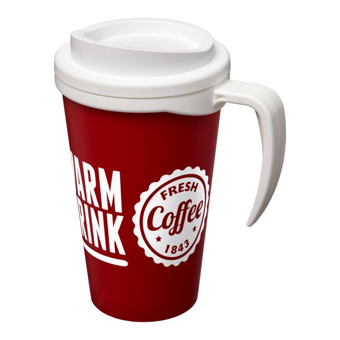 Werbeartikel Americano Grande 350 ml Isolierbecher mit Logodruck – rot-weiss – doppelwandiger Thermobecher für Büro und Konferenzen