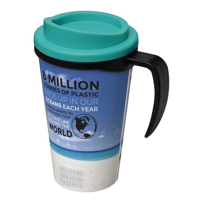 Werbeartikel Brite-Ameriano Grande Isolierbecher mit Logodruck – schwarz-aquablau – doppelwandiger 350 ml Thermobecher für Büro und Konferenzen